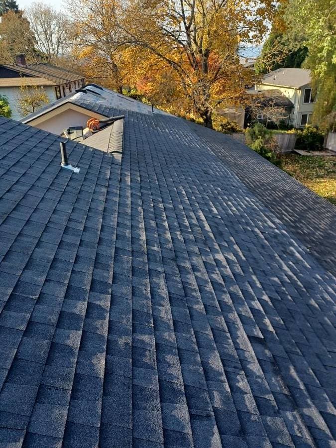picture of a newly repaired roof with new shingles