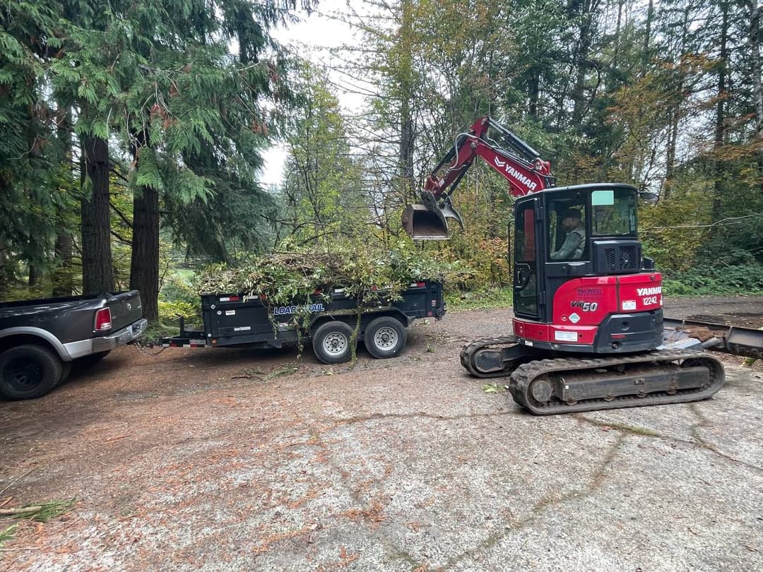 picture of an excavator loading a hauler full of trees and debree